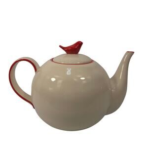 Tag Ceramic Teapot White Cream Red Bird Finial Farmhouse Cottage Home Decor